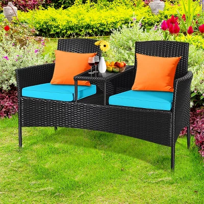 Tangkula Outdoor Rattan Furniture Wicker Patio Conversation Chair W/Cushions Turquoise 1 Tangkula Outdoor Rattan Furniture Wicker Patio Conversation Chair W/Cushions Turquoise