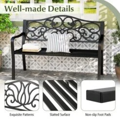Tangkula 2-person Metal Bench W/ Floral Pattern Slanted Backrest Slatted Surface Black -Tangkula GUEST 6e612bc5 d6ad 43ea a02f 06335318dd0c