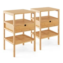 Tangkula Bamboo Nightstands Set Of 2 W/ Pull-out Drawer And Storage Shelf Wood Natural -Tangkula GUEST 6ed31579 76e2 48f8 86f8 e6a81afbe7cd