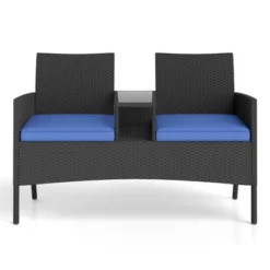 Tangkula Outdoor Rattan Loveseat 2-Seat Patio Conversation Set With Built-in Coffee Table Cushions Wicker Bench Furniture Blue -Tangkula GUEST 6f4f5622 6293 4877 8b45 3df1fd253b72