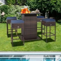 Tangkula Tangkula 5PCS Patio Bar Set Rattan Bar Furniture Set W/ Table & 4 Cushioned Stools Navy 12 Tangkula Tangkula 5PCS Patio Bar Set Rattan Bar Furniture Set W/ Table & 4 Cushioned Stools Navy -Tangkula GUEST 6fbd8782 f2f1 42c0 9553 3288e8511607