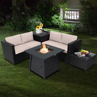 Tangkula 5PCS Outdoor Patio Furniture Set With 50,000 BTU Propane Fire Pit Table Patio Conversation Set W/ Cushions, Storage Box, Coffee Table Beige 2 Tangkula 5PCS Outdoor Patio Furniture Set With 50,000 BTU Propane Fire Pit Table Patio Conversation Set W/ Cushions, Storage Box, Coffee Table Beige - Image 2