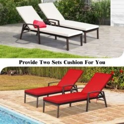 Tangkula 2 PCS Patio Rattan Chaise Lounge Chair Outdoor Reclining Chaise With Cushion And Armrest Wicker Sun Lounger With Adjustable Backrest