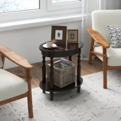 Tangkula 2-Tier End Table Oval Compact Sofa Side Nightstand W/ Storage Shelf