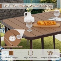 Tangkula 5 Pieces Patio Dining Set 4 Cushioned Rattan Armchairs & Square Table W/Wood-Plastic Tabletop & Umbrella Hole Outdoor Dining Table Set