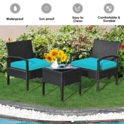 Tangkula 3 Pieces Patio Set Outdoor Wicker Rattan Furniture W/ Cushions Turquoise -Tangkula GUEST 7104e225 1045 42c0 ad8e eb297d8d03cb