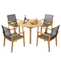 Tangkula 5 PCS Patio Dining Set Round Acacia Wood Table 4 Wicker Armchairs Outdoor Garden -Tangkula GUEST 7113b2fa 81ba 4bf6 a579 c9197d3f039b