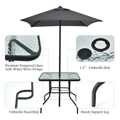 Tangkula 6-Piece Patio Dinning Sets Garden Table Set Outdoor Folding Chairs & Glass Table Set W/ Umbrella Grey 7 Tangkula 6-Piece Patio Dinning Sets Garden Table Set Outdoor Folding Chairs & Glass Table Set W/ Umbrella Grey - Image 7