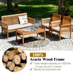 Tangkula 4-Piece Patio Acacia Wood Sofa Set Conversation Table Chairs With Beige Cushions -Tangkula GUEST 71cde075 68c2 4234 988c 6cd00f5758f6