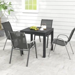 Tangkula 5 PCS Outdoor Dining Table Set W/ Extendable Aluminum Table & 4 Stackable Chairs