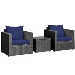Tangkula 3PCS Rattan Patio Conversation Furniture Set Outdoor W/ Navy Cushions -Tangkula GUEST 729ea51d 5f5d 4f2b 88ff 5ecf8052cc01