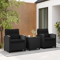 Tangkula 3 Piece Patio Furniture Set, Rattan Conversation Set W/Soft Seat & Back Cushions, Tempered Glass Topped Coffee Table Black -Tangkula GUEST 72a3b6eb 36a7 40d9 bed6 d5701bfcaf40