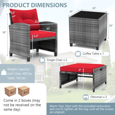 Tangkula 5-Piece Outdoor PE Rattan Conversation Set Wicker Patio Furniture Set With Cushion Ottoman & Coffee Table Red 6 Tangkula 5-Piece Outdoor PE Rattan Conversation Set Wicker Patio Furniture Set With Cushion Ottoman & Coffee Table Red - Image 6