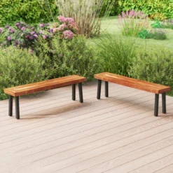 Tangkula Outdoor Acacia Wood Benches Set Of 2 W/ Slatted Top & Flared Metal Legs -Tangkula GUEST 73174040 d95e 4ba1 8207 ab845862b3ea