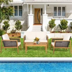 Tangkula 4PCS Patio Acacia Wood Furniture Set PE Rattan Conversation Set W/ Off White Cushions
