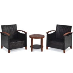 Tangkula 3PCS Patio Wicker Sofa Set Acacia Wood Frame W/ Cushion Covers Beige & Turquoise -Tangkula GUEST 73e6ef10 0bd6 4338 92e2 02e12a7682cf