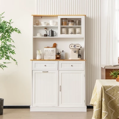 Tangkula Double Tilt Out Trash Cabinet W/ Hutch Kitchen Pantry Storage Cabinet White 2 Tangkula Double Tilt Out Trash Cabinet W/ Hutch Kitchen Pantry Storage Cabinet White - Image 2