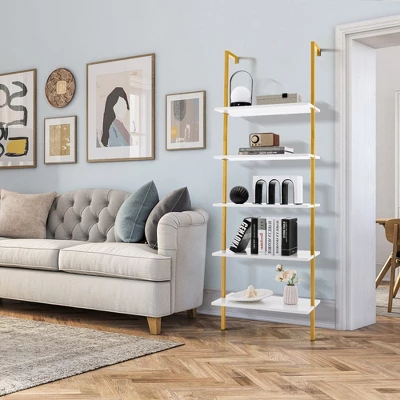 Tangkula 5 Tier Ladder Shelf 71" Open Wall-Mounted Bookcase With Golden Steel Frame 2 Tangkula 5 Tier Ladder Shelf 71" Open Wall-Mounted Bookcase With Golden Steel Frame - Image 2