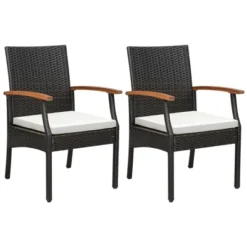 Tangkula Set Of 2 PE Wicker Chairs Acacia Wood Armrests W/ White Soft Zippered Cushion Patio -Tangkula GUEST 755db240 87fb 43fd 955e 5dce9bff98ec