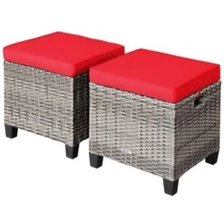 Tangkula Set Of 2 Outdoor Rattan Cushioned Ottoman Seat All Weather Patio Footrest Red/Turquoise -Tangkula GUEST 758e8ef8 0dab 416a ac0e cc5ea79c9a8f
