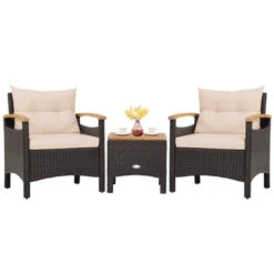 Tangkula Set Of 3 Outdoor Rattan Sofa Set With Coffee Table Patio Conversation Set With Removable Cushion Cozy Acacia Wood Armrests -Tangkula GUEST 76bad78d a3fa 4445 b65b 6016581ba95a