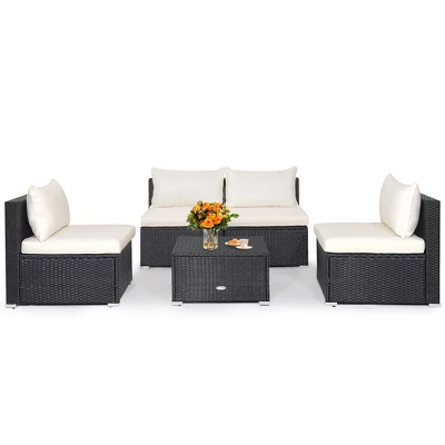 Tangkula 5PCS Patio Outdoor Rattan Sofa Conversation Set W/ Seat & Back Cushions Off White 10 Tangkula 5PCS Patio Outdoor Rattan Sofa Conversation Set W/ Seat & Back Cushions Off White - Image 10