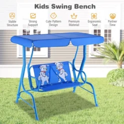 Tangkula Kids Patio Porch Bench Swing W/ Safety Belt Canopy Outdoor Furniture Blue -Tangkula GUEST 77f30ce9 b853 4048 8f3d 695103a0056e