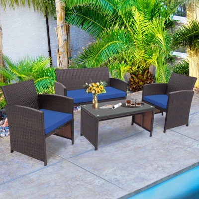 Tangkula 8PCS Outdoor Patio Furniture Sets Weather-Resistant Rattan Sofas W/ Soft Cushion Navy 2 Tangkula 8PCS Outdoor Patio Furniture Sets Weather-Resistant Rattan Sofas W/ Soft Cushion Navy - Image 2