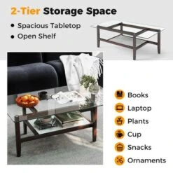 Tangkula 2-Tier Glass Coffee Table W/ Storage Shelf Solid Rubber Wood Legs For Office -Tangkula GUEST 77feaed4 2a66 4ed8 8034 af3f639e2f13