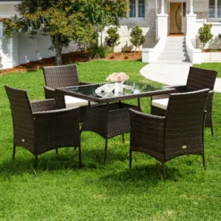 Tangkula 5 PCS Outdoor Rattan Dining Set Patio Wicker Conversation Set W/Cushioned Chair & Glass Table