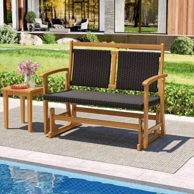 Tangkula Patio Rattan Glider Bench Swing Gliding Rocker For 2 W/ Acacia Wood Frame 1 Tangkula Patio Rattan Glider Bench Swing Gliding Rocker For 2 W/ Acacia Wood Frame