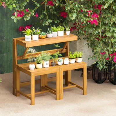 Tangkula 3-in-1 Outdoor Acacia Wood Loveseat Bench Furnitur W/ Slatted Seat For Garden 3 Tangkula 3-in-1 Outdoor Acacia Wood Loveseat Bench Furnitur W/ Slatted Seat For Garden - Image 3