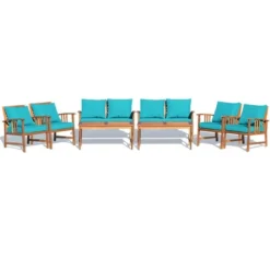 Tangkula 8pcs Wooden Patio Furniture Set Table & Sectional Sofa W/ Turquoise Cushion -Tangkula GUEST 79695874 48e5 4cdd 9c85 6914844b0f94