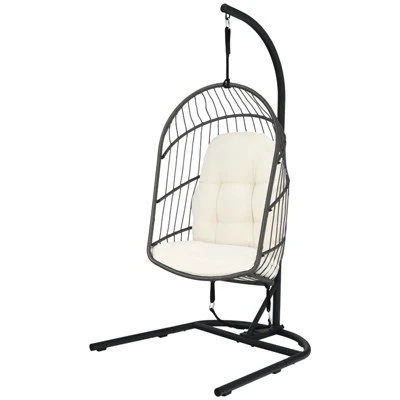 Tangkula Modern Rattan Hanging Egg Swing Chair W/Stand Foldable Cushioned Hammock Gray/Beige 9 Tangkula Modern Rattan Hanging Egg Swing Chair W/Stand Foldable Cushioned Hammock Gray/Beige - Image 9