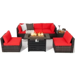 Tangkula 7PCS Patio Rattan Furniture Set 42" Fire Pit Table W/ Cover Cushioned -Tangkula GUEST 7a3b1218 fc30 4704 a64f 9ddd8c9e353c