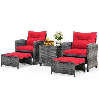 Tangkula 5-Piece Outdoor PE Rattan Conversation Set Wicker Patio Furniture Set With Cushion Ottoman & Coffee Table Red 7 Tangkula 5-Piece Outdoor PE Rattan Conversation Set Wicker Patio Furniture Set With Cushion Ottoman & Coffee Table Red - Image 7
