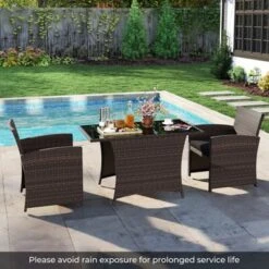 Tangkula 3 Piece Patio Wicker Dining Set 2 Rattan Chairs W/ Rectangle Tempered Glass Dining Table