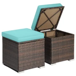 Tangkula 2 Pieces Patio Ottoman Outdoor Wicker Footstool Storage Box Side Table W/ Solid Metal Frame Additional Seating W/ Removable Cushions Beige/Off White/Red/Turquoise/Gray/Navy -Tangkula GUEST 7b3280c6 220f 4a97 a27c d899e1e0e715