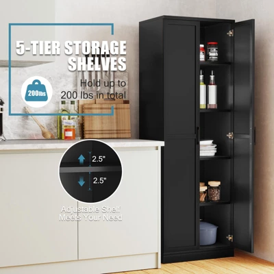 Tangkula 70" Storage Cabinet Freestanding Pantry Cabinet W/2 Doors & 5 Shelves Black 4 Tangkula 70" Storage Cabinet Freestanding Pantry Cabinet W/2 Doors & 5 Shelves Black - Image 4