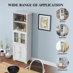 Tangkula Bathroom Tall Storage Cabinet Linen Tower W/ Glass Door & Adjustable Shelf White -Tangkula GUEST 7ba236e5 56f3 4370 aedf e00e74b83f62