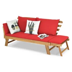 Tangkula Adjustable Patio Sofa Daybed Acacia Wood Furniture W/ Red Cushions -Tangkula GUEST 7be12250 c0be 4298 a4b6 30eaf621d3fc