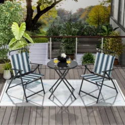Tangkula 3 Pieces Patio Folding Chair Set W/ 2 Chairs & Glass Round Coffee Table Porch Deck Backyard -Tangkula GUEST 7cb0202d 2564 47e4 b573 55f04eb846f8