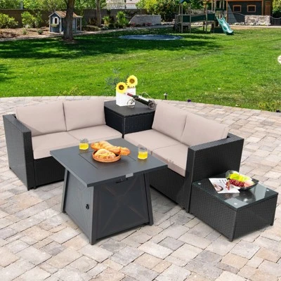 Tangkula 5PCS Outdoor Patio Furniture Set With 50,000 BTU Propane Fire Pit Table Patio Conversation Set W/ Cushions, Storage Box, Coffee Table Beige 1 Tangkula 5PCS Outdoor Patio Furniture Set With 50,000 BTU Propane Fire Pit Table Patio Conversation Set W/ Cushions, Storage Box, Coffee Table Beige