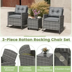 Tangkula Set Of 3 Wicker Rocking Set Patio W/ Tempered Glass Table & Soft Cushions -Tangkula GUEST 7dc80dc7 869a 4fea abb8 6ae23c399c4d