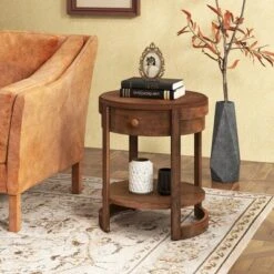 Tangkula 2-Tier Nightstand W/ Shelf & Wood Grains Drawer Round White/Brown