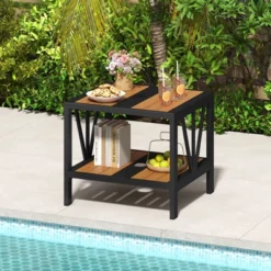 Tangkula Outdoor Side Table 2-Tier Coffee End Table W/ 1.57" Umbrella Hole Storage Shelf