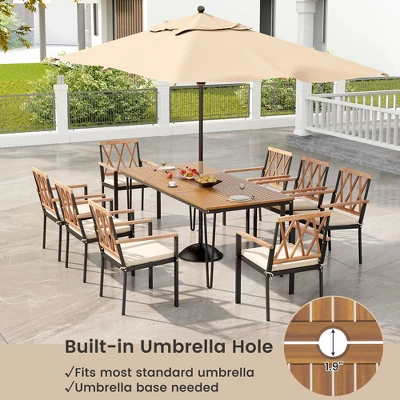 Tangkula 9 PCS Patio Dining Set Rectangular Dining Table W/ Acacia Wood Top Umbrella Hole 3 Tangkula 9 PCS Patio Dining Set Rectangular Dining Table W/ Acacia Wood Top Umbrella Hole - Image 3
