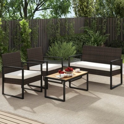 Tangkula Set Of 4 PE Rattan Patio Conversation Set Outdoor Porch Chairs Loveseat With Coffee Table And Soft Cushions Metal Frame 2 Tangkula Set Of 4 PE Rattan Patio Conversation Set Outdoor Porch Chairs Loveseat With Coffee Table And Soft Cushions Metal Frame - Image 2