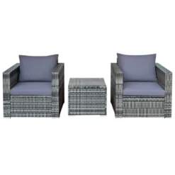 Tangkula 3-Piece Patio Wicker Conversation Set Bistro Rattan Sofa Chair With Washable Cushion Gray -Tangkula GUEST 7fb0db03 9ee1 4f53 bce2 a6f6bafb2b05