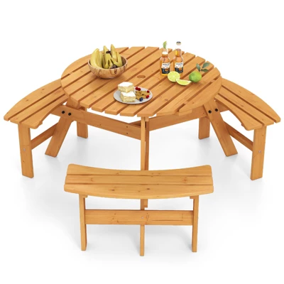 Tangkula 6-Person Round Picnic Table Set W/ 3 Built-in Benches 2" Umbrella Hole 11 Tangkula 6-Person Round Picnic Table Set W/ 3 Built-in Benches 2" Umbrella Hole - Image 11
